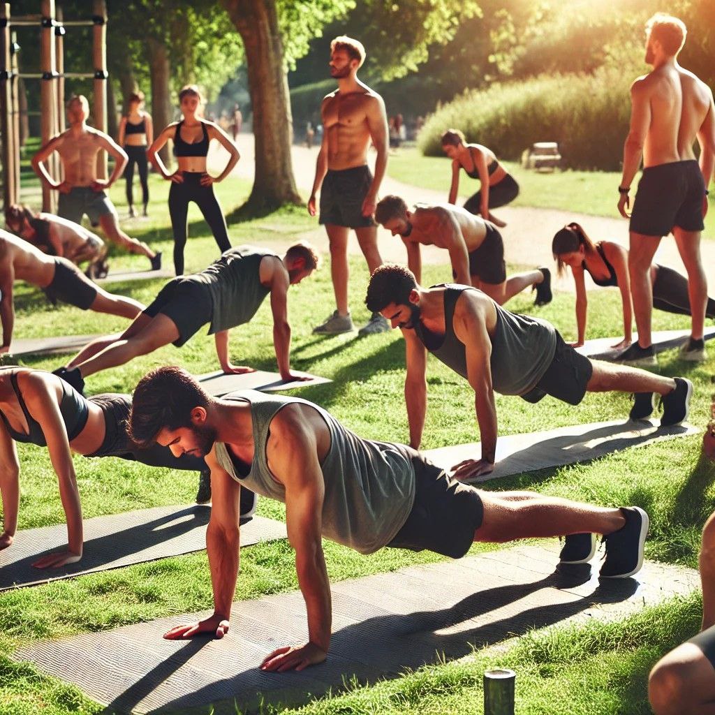 A group of diverse individuals performing basic calisthenics exercises such as push-ups, squats, and planks in an outdoor park setting with green grass and trees in the background. The participants are dressed in comfortable workout clothes, focusing on their form under a sunny sky, highlighting bodyweight training without any equipment.