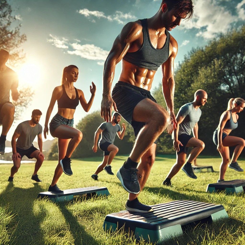 A group of people engaged in a calisthenics workout session outdoors, performing exercises like mountain climbers, leg raises, and jumping jacks. They are on a grassy field surrounded by trees, dressed in athletic gear, combining core-strengthening exercises with high-intensity cardio, emphasizing endurance and physical exertion in a bright and energetic setting.