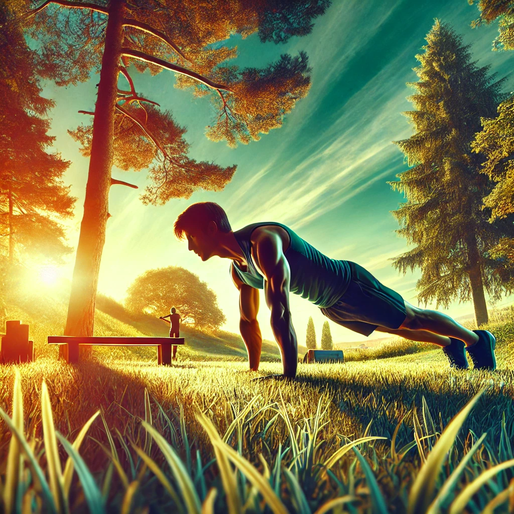 A person performing a variety of calisthenics exercises, including push-ups and squats, outdoors in a natural setting. The individual is showcasing strength and balance with no equipment, perfect for beginners starting a bodyweight workout plan.