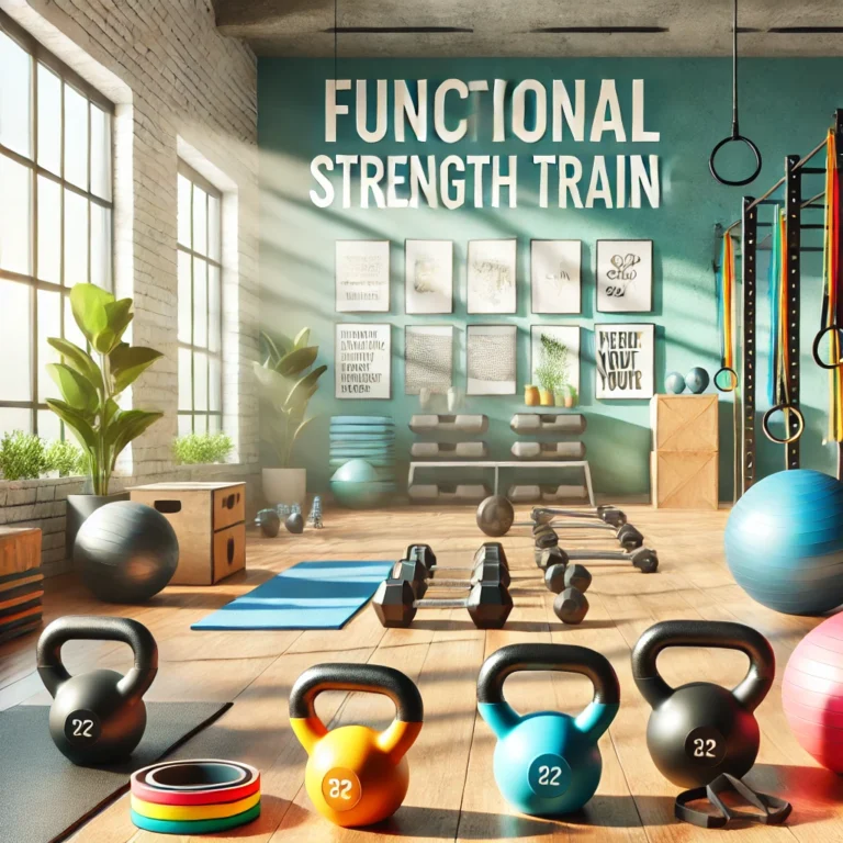 A bright and modern gym space featuring functional strength training equipment such as kettlebells, resistance bands, and medicine balls. The room is organized, with motivational quotes on the wall and sunlight streaming in, creating an inspiring workout environment.